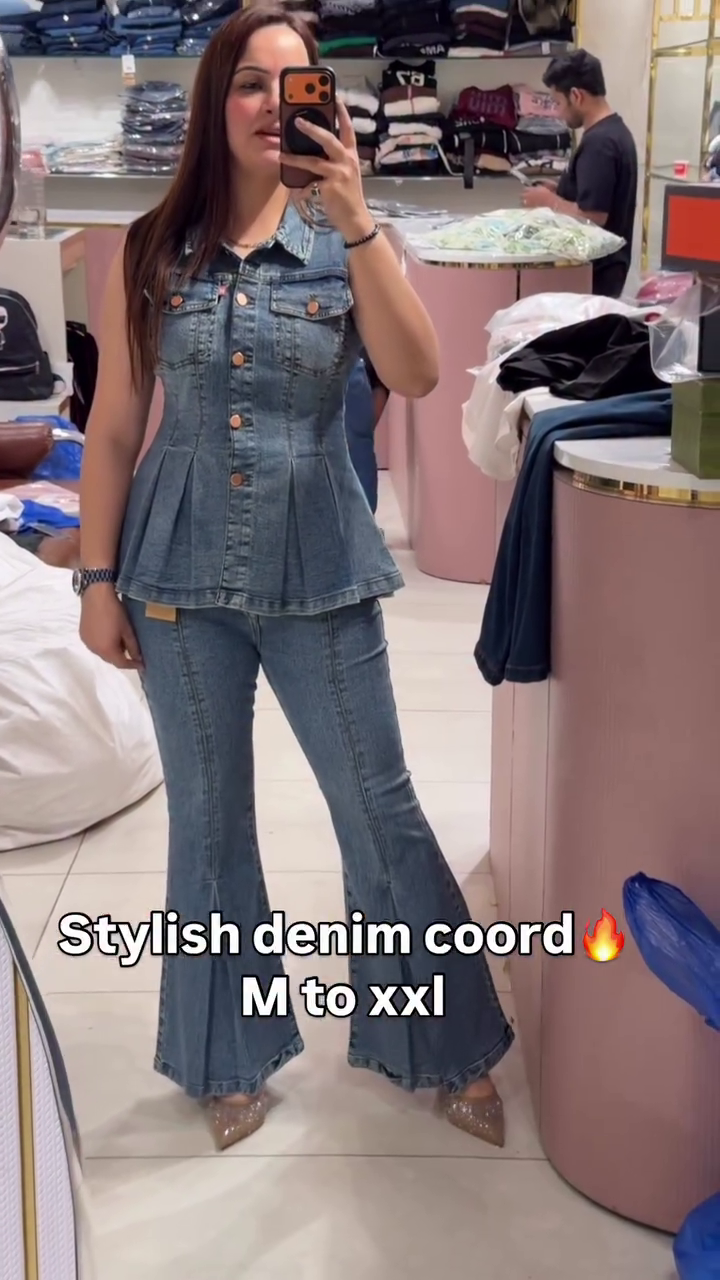 Stylish Denim Co-ord Set for Women – Trendy Sleeveless Peplum Top with Flared Jeans - Image 2