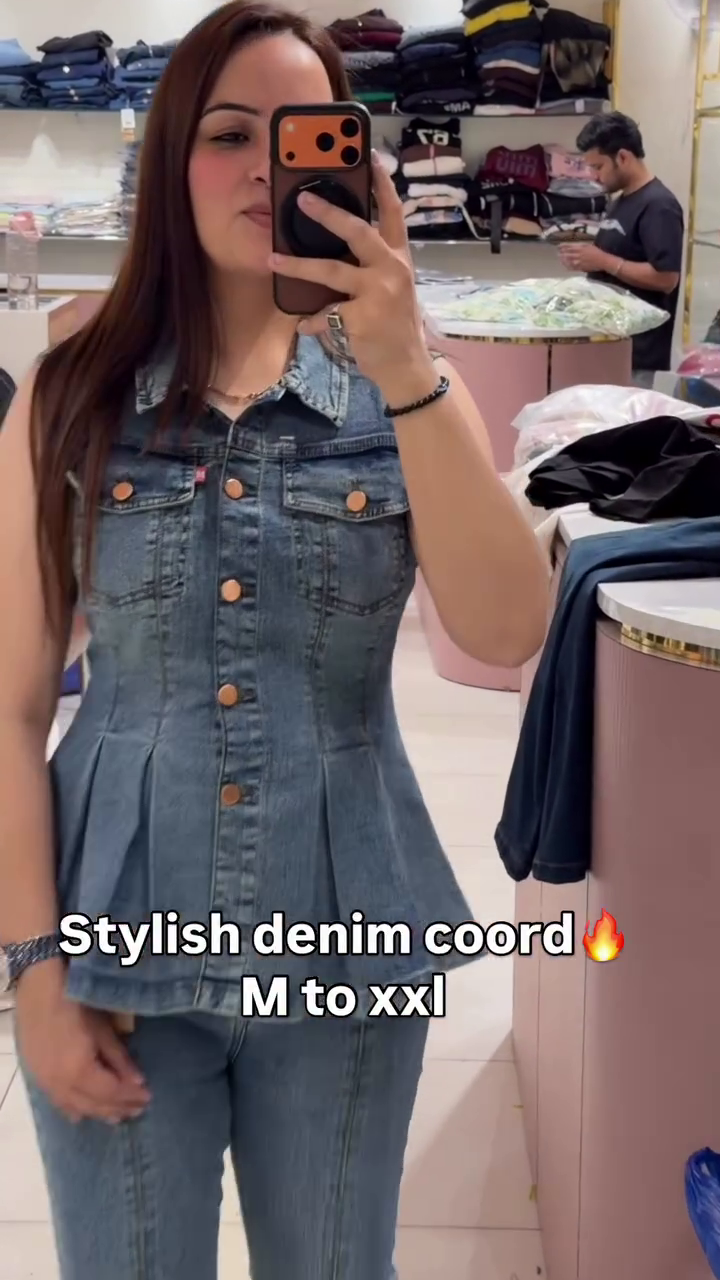 Stylish Denim Co-ord Set for Women – Trendy Sleeveless Peplum Top with Flared Jeans
