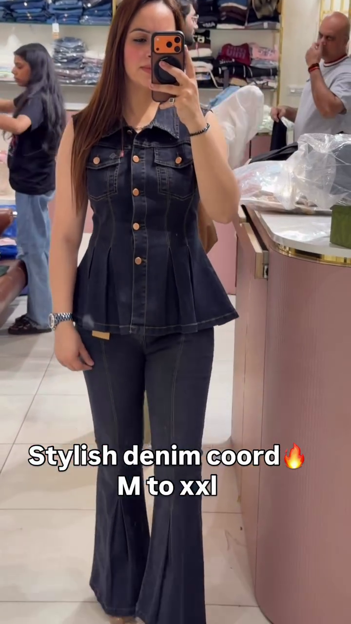 Stylish Denim Co-ord Set for Women – Trendy Sleeveless Peplum Top with Flared Jeans - Image 3