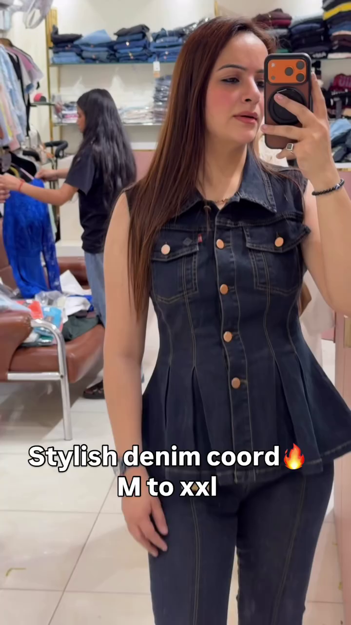 Stylish Denim Co-ord Set for Women – Trendy Sleeveless Peplum Top with Flared Jeans - Image 4