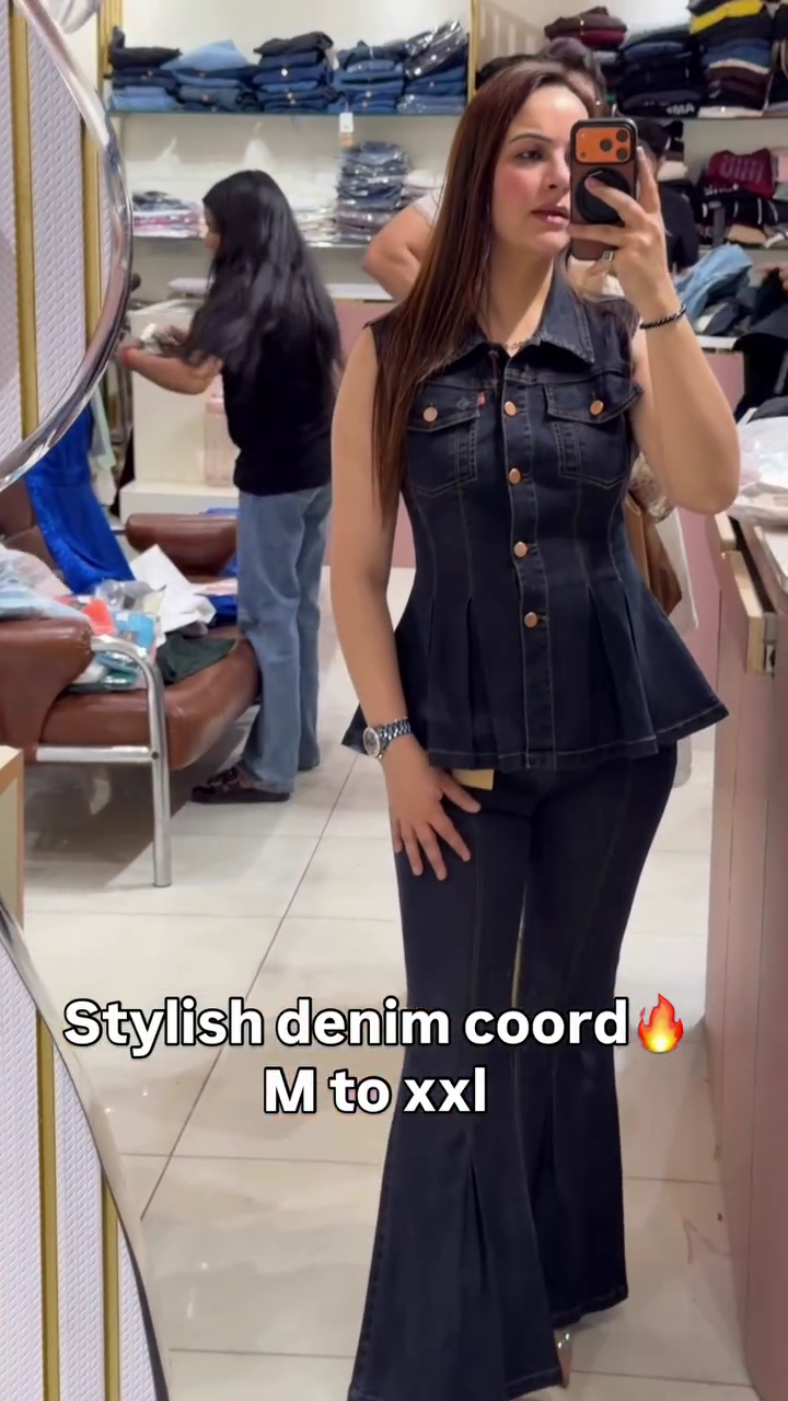 Stylish Denim Co-ord Set for Women – Trendy Sleeveless Peplum Top with Flared Jeans - Image 5