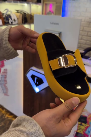 Premium Stylish Slides – Trendy Black & Mustard Comfort Slippers with Gold Buckle