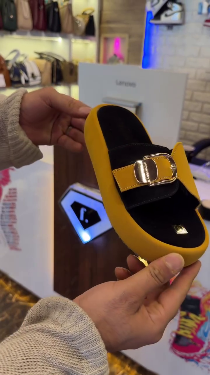 Premium Stylish Slides – Trendy Black & Mustard Comfort Slippers with Gold Buckle
