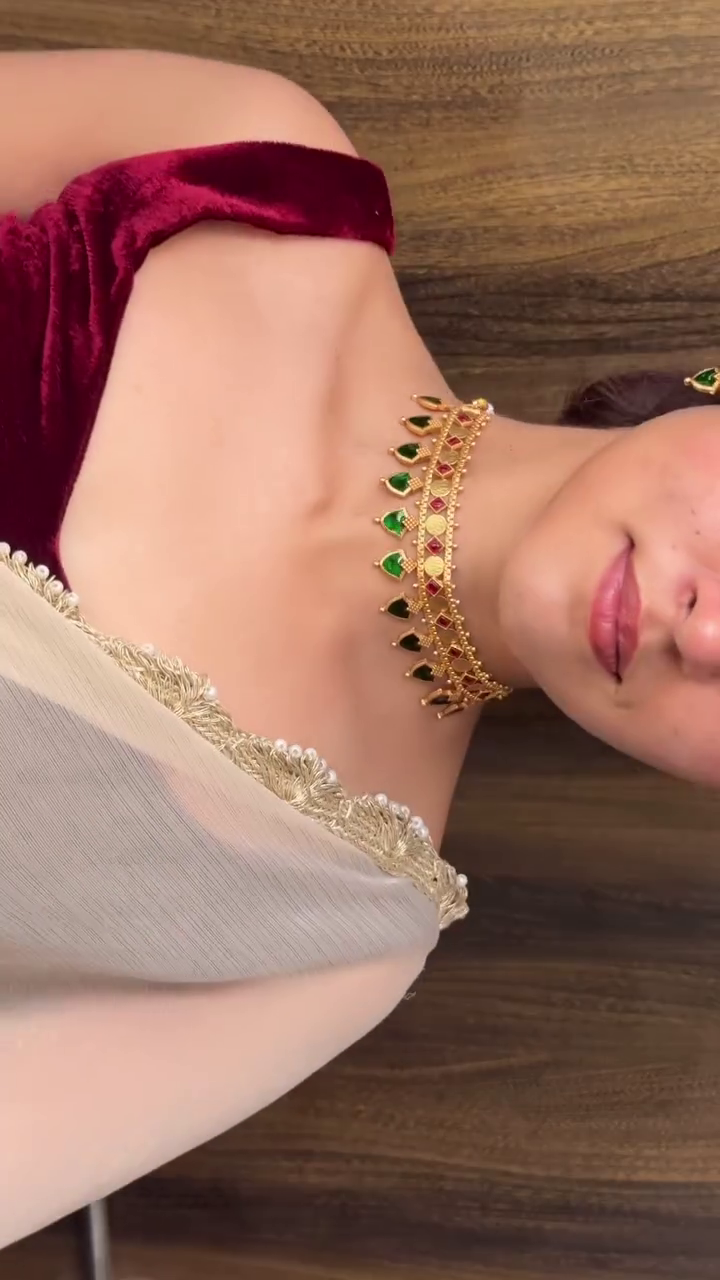 Elegant Traditional Temple Choker Necklace Set with Green & Red Stone Detailing - Image 9