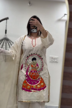 Women's Traditional Embroidered Cotton Kurta Pant Set | Ethnic Festive Wear with Handcrafted Mirror & Doll Work