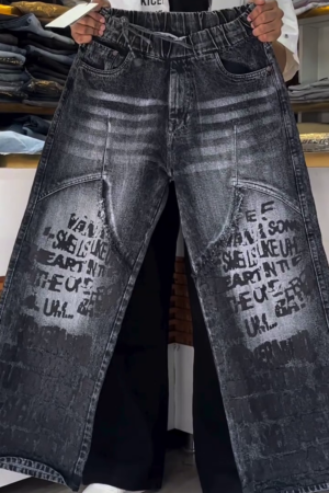 Men's Printed Baggy Fit Denim Jeans | Oversized Streetwear Wide Leg Cargo Style Jeans