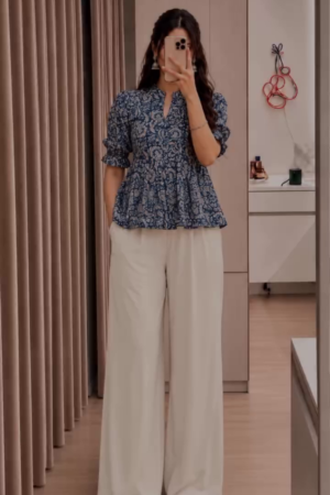 Women's Printed Peplum Top & Wide Leg Pants Set | Elegant Puff Sleeve Palazzo Outfit for Casual, Office & Festive Wear