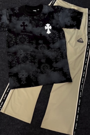 Men's Black Graphic T-Shirt & Beige Track Pants Set | Trendy Oversized Streetwear Outfit for Casual & Everyday Wear